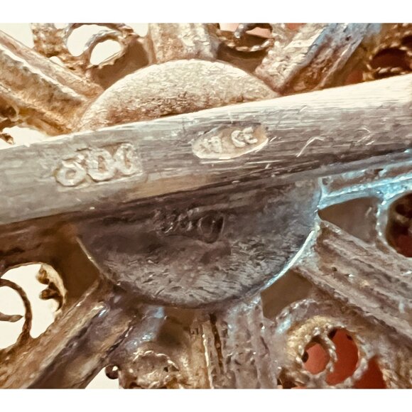 Antique 800 Silver Domed Brooch Genova Italy Filigree Etruscan Revival Scroll - Picture 7 of 10